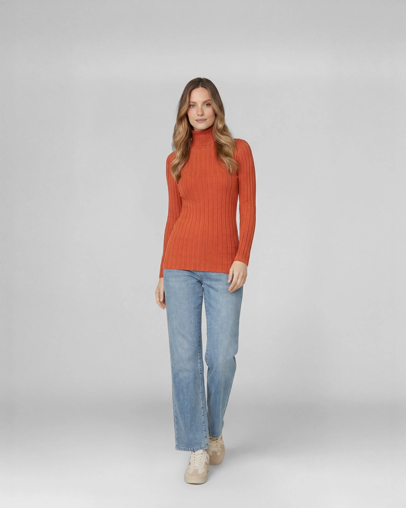 SWEATER MUJER JOSEFA SLIM FIT CUELLO ALTO REDONDO MANGA AJUSTADA NARANJO LINEATRE - 2