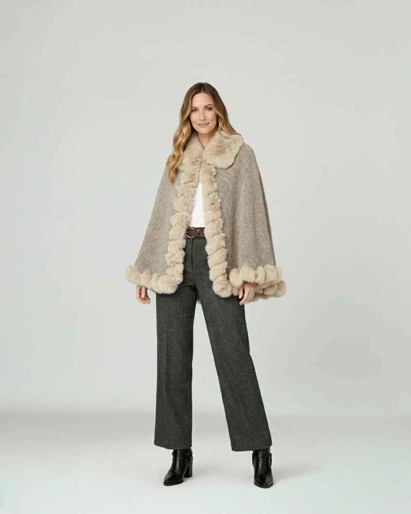PONCHO MUJER LIDIA OVERSIDE CUELLO TIPO KIMONO  MANGA TIPO PONCHO BEIGE LINEATRE - 3