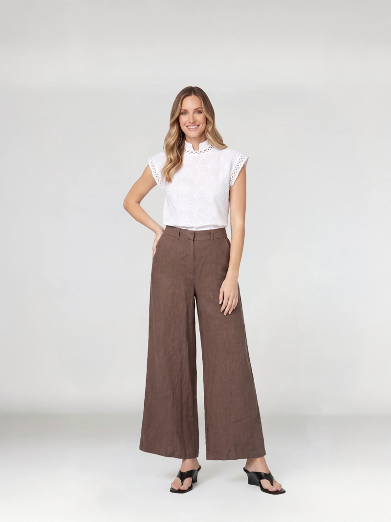 PANTALON MUJER LETICIA LARGO TIRO ALTO CHOCOLATE LINEATRE - 2