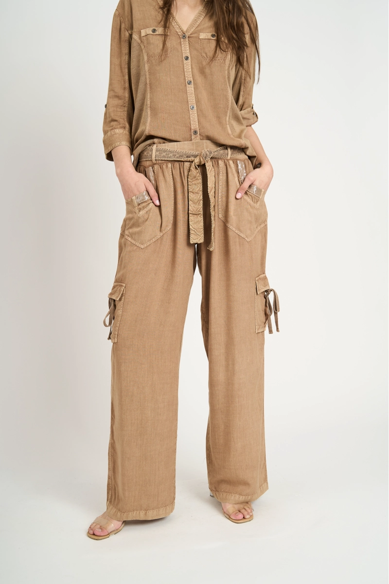 PANTALON MUJER MAGDALENA LARGO TIRO ALTO TABACO LINEATRE - 1