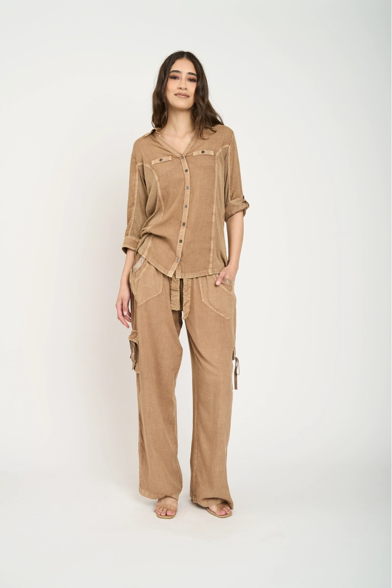 PANTALON MUJER MAGDALENA LARGO TIRO ALTO TABACO LINEATRE - 2