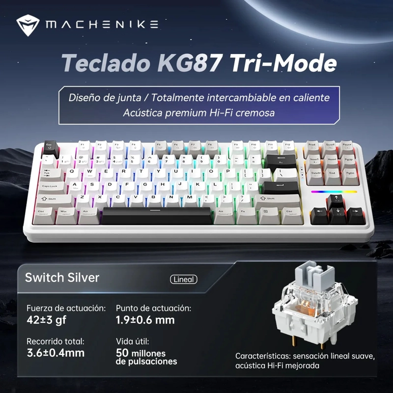 TECLADO MECANICO MACHENIKE KG87 TKL GASKET CON RGB PARA GAMER, INALAMBRICO Y HOT-SWAP - 2