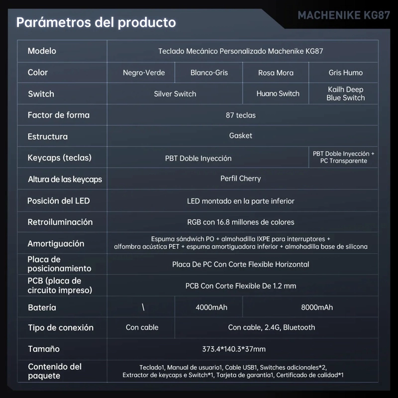 TECLADO MECANICO MACHENIKE KG87 TKL GASKET CON RGB PARA GAMER, INALAMBRICO Y HOT-SWAP - 4