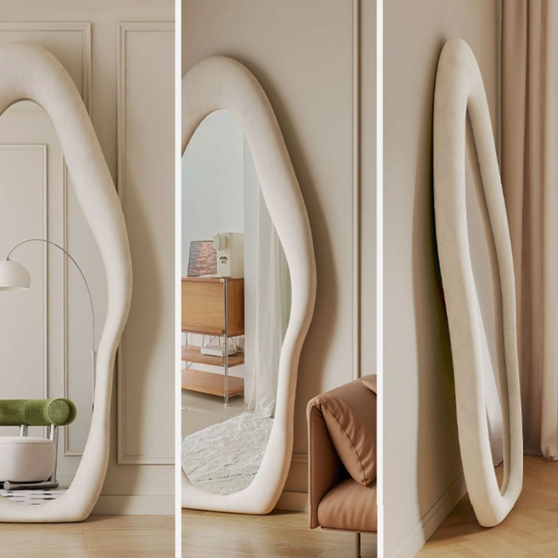 ESPEJO DECORATIVO DE CUERPO ENTERO TAPIZADO EN TERCIOPELO BLANCO PARA DORMITORIO - 4