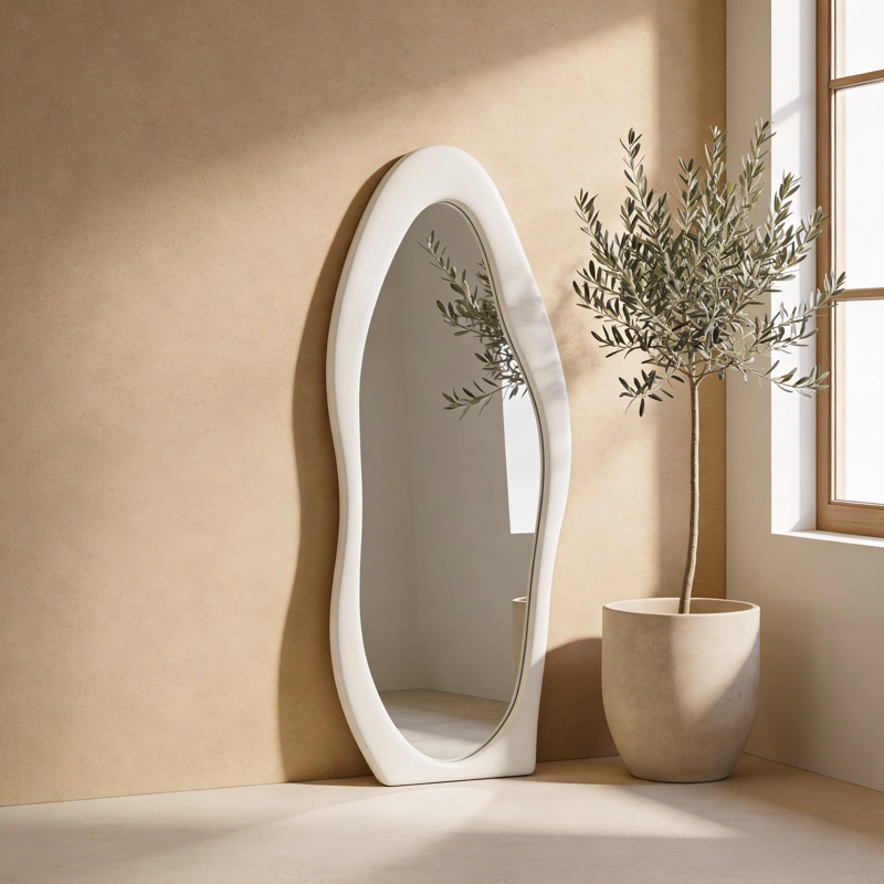 ESPEJO DECORATIVO DE CUERPO ENTERO TAPIZADO EN TERCIOPELO BLANCO PARA DORMITORIO - 8