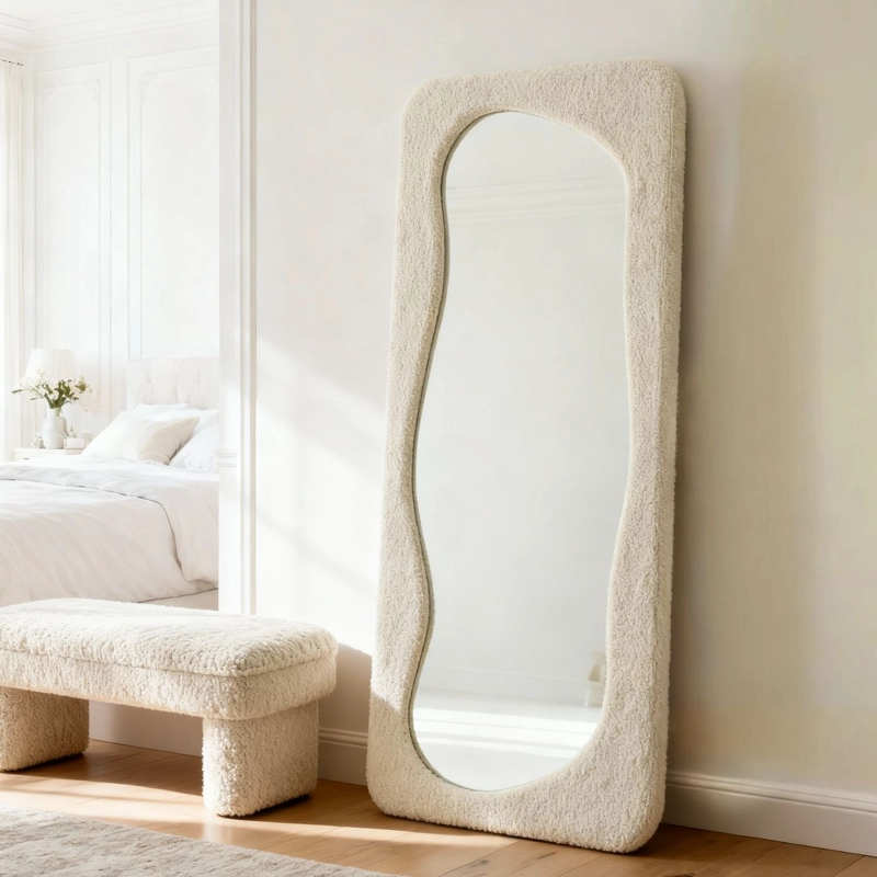 ESPEJO DECORATIVO DE CUERPO ENTERO TAPIZADO EN TELA BOUCLE  BLANCO 200X100 CM - 1