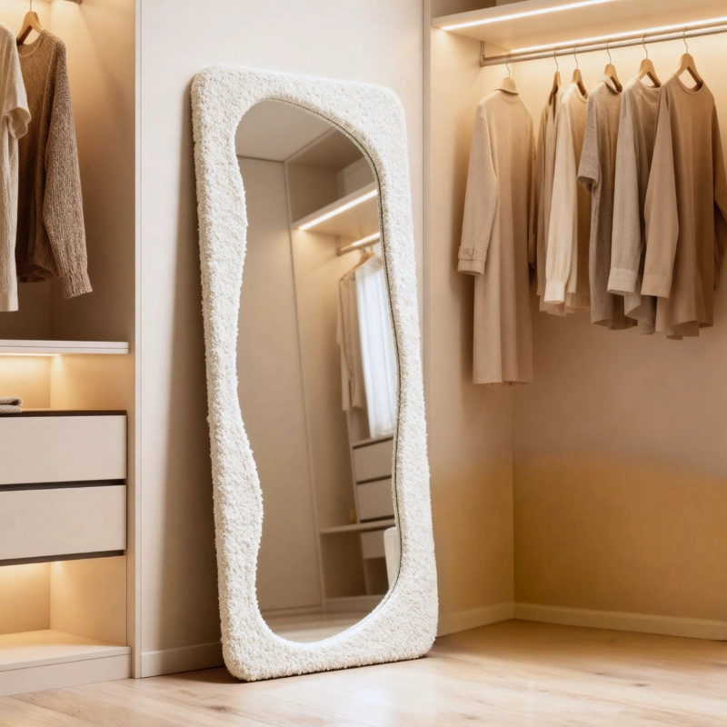 ESPEJO DECORATIVO DE CUERPO ENTERO TAPIZADO EN TELA BOUCLE  BLANCO 200X100 CM - 2