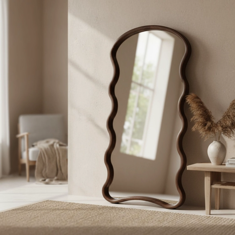 ESPEJO DECORATIVO ONDULADO DE CUERPO ENTERO EN MADERA MACIZA DE NOGAL 180X80 CM - 2