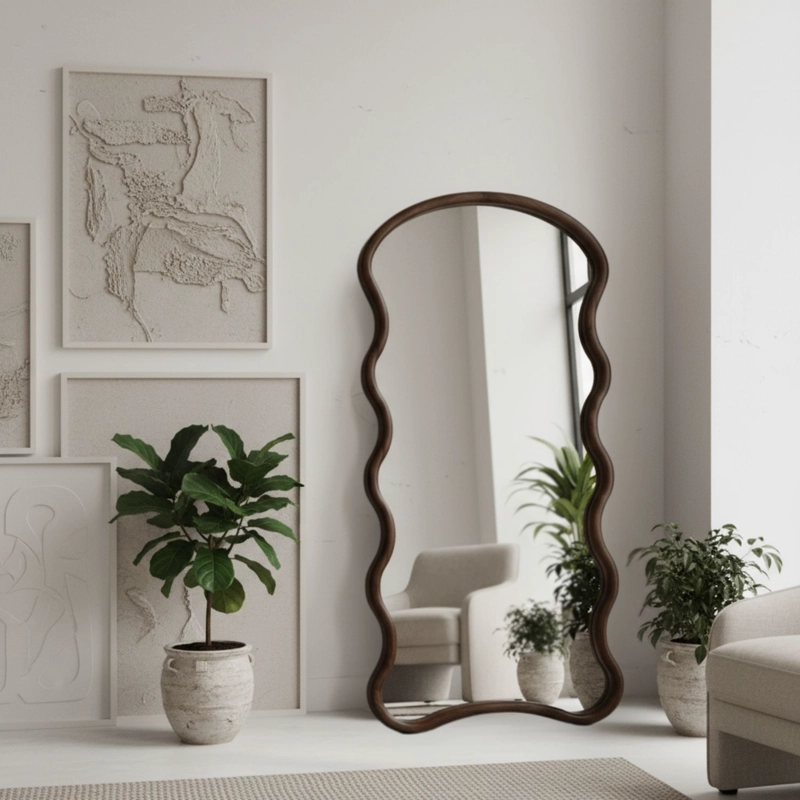 ESPEJO DECORATIVO ONDULADO DE CUERPO ENTERO EN MADERA MACIZA DE NOGAL 180X80 CM - 3