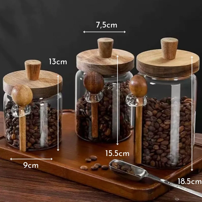 SET DE 3 FRASCOS DE VIDRIO CON TAPA DE MADERA Y CUCHARA - 5