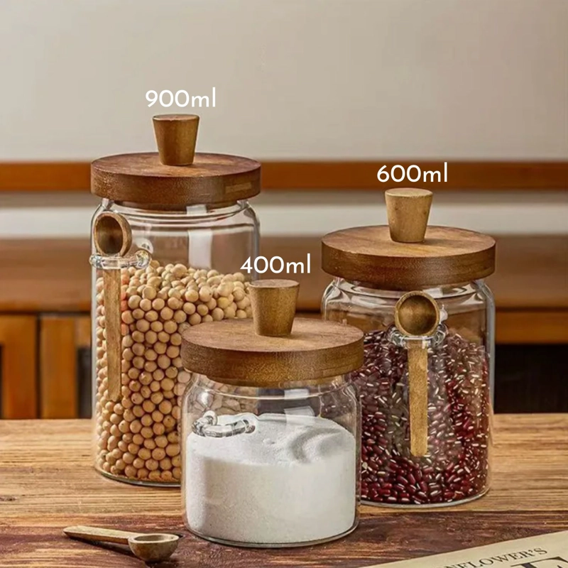 SET DE 3 FRASCOS DE VIDRIO CON TAPA DE MADERA Y CUCHARA - 6