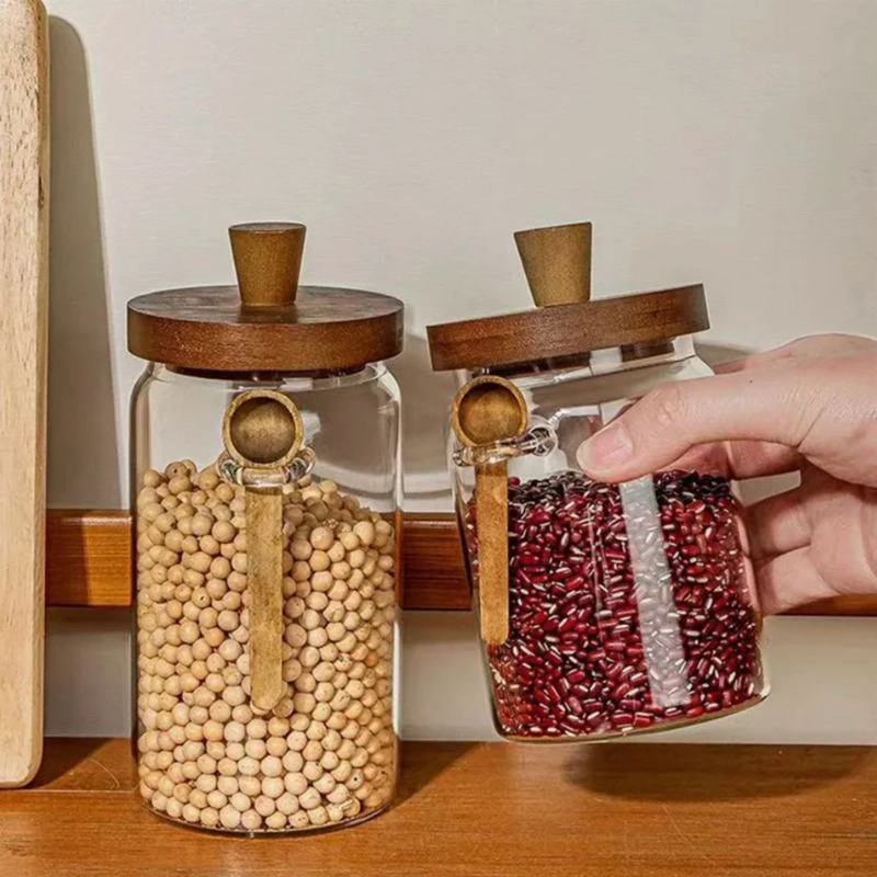 SET DE 3 FRASCOS DE VIDRIO CON TAPA DE MADERA Y CUCHARA - 8