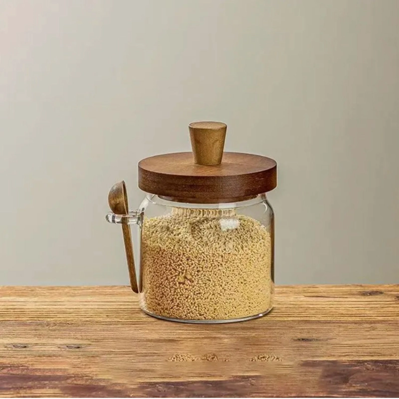 SET DE 3 FRASCOS DE VIDRIO CON TAPA DE MADERA Y CUCHARA - 9