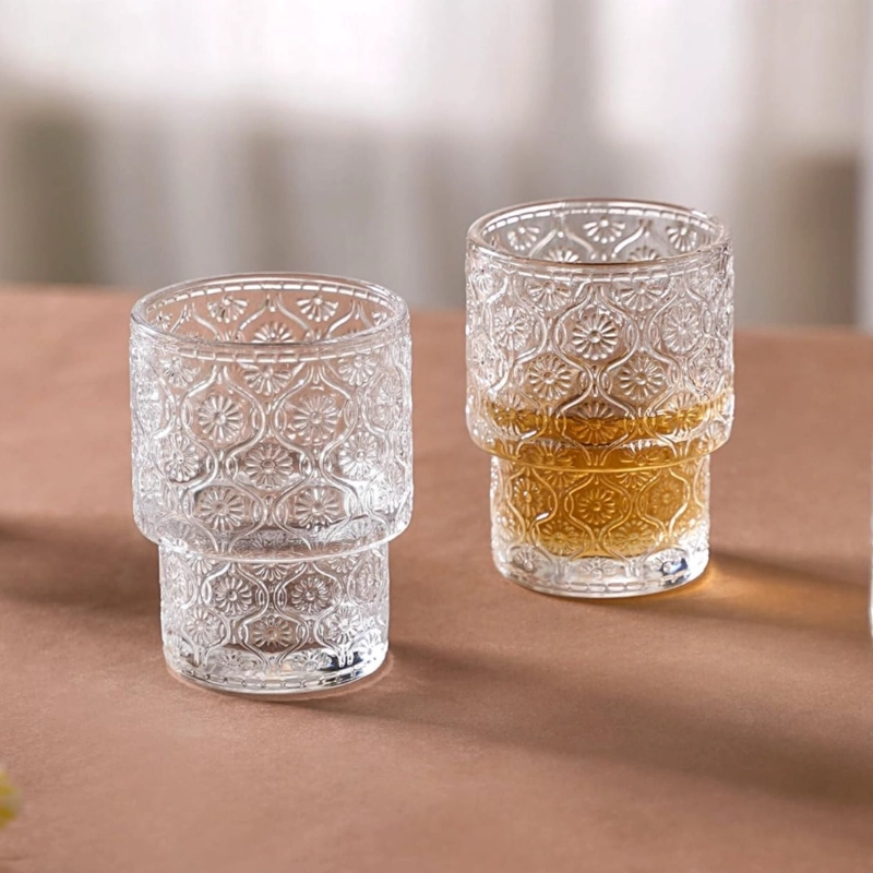 SET 2 VASOS VIDRIO RELIEVE FLOR BEGONIA 180ML AGUA CAFE - 1