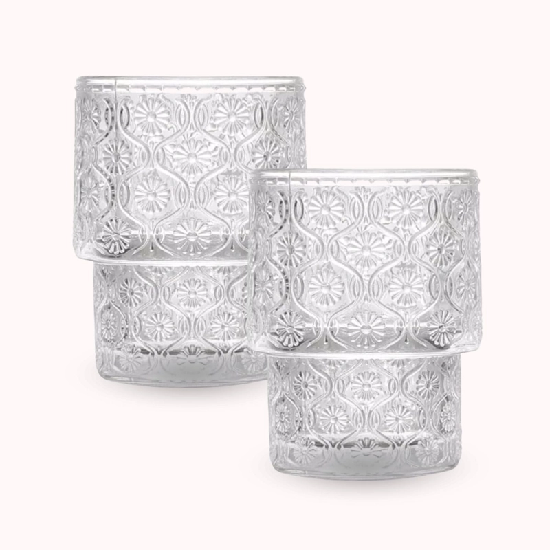 SET 2 VASOS VIDRIO RELIEVE FLOR BEGONIA 180ML AGUA CAFE - 2