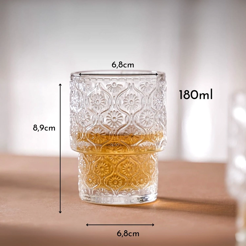 SET 2 VASOS VIDRIO RELIEVE FLOR BEGONIA 180ML AGUA CAFE - 5