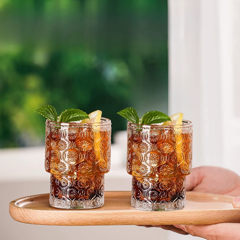 SET 2 VASOS VIDRIO RELIEVE FLOR BEGONIA 180ML AGUA CAFE - 6
