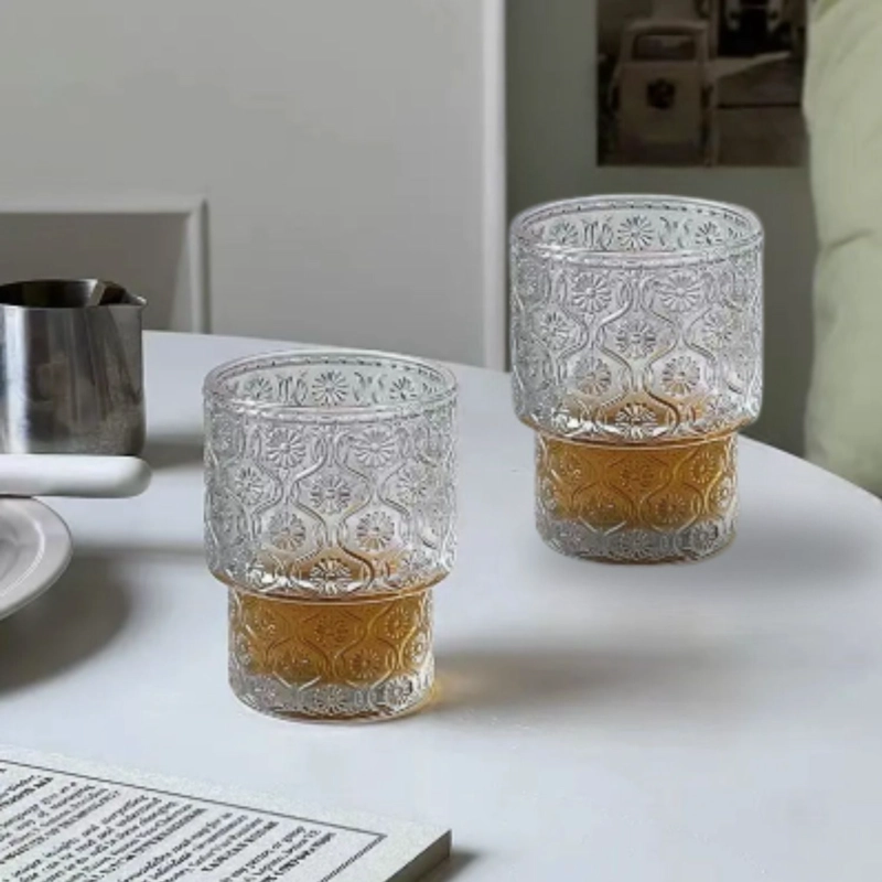 SET 2 VASOS VIDRIO RELIEVE FLOR BEGONIA 180ML AGUA CAFE - 8