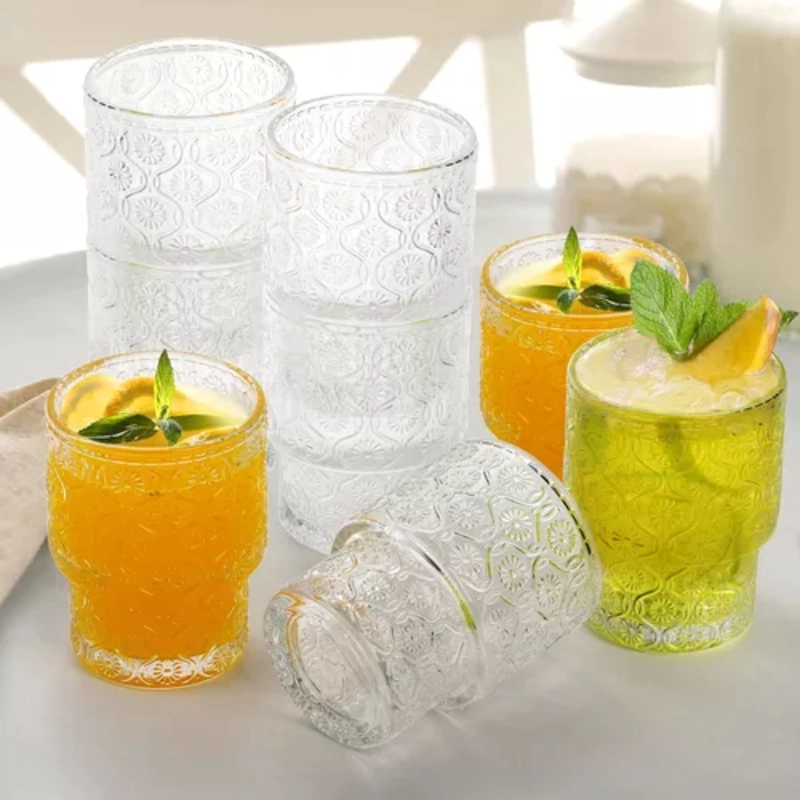 SET DE 4 VASOS DE VIDRIO CON RELIEVE DE FLOR BEGONIA CAFE  DE 180 ML - 4