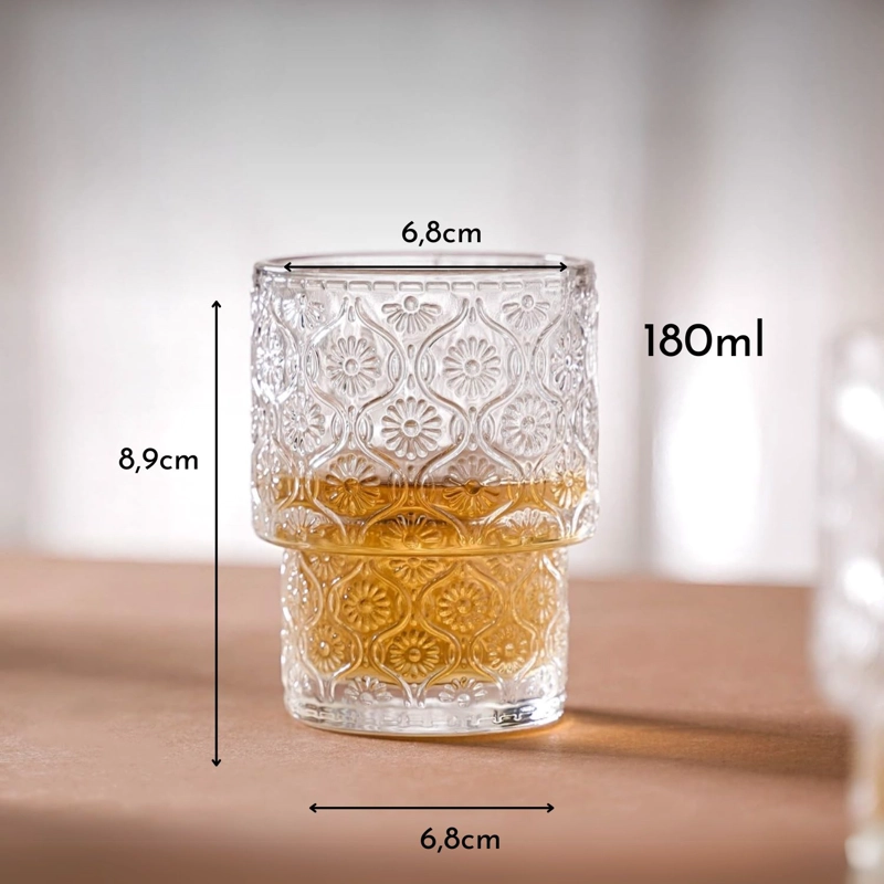 SET DE 4 VASOS DE VIDRIO CON RELIEVE DE FLOR BEGONIA CAFE  DE 180 ML - 7