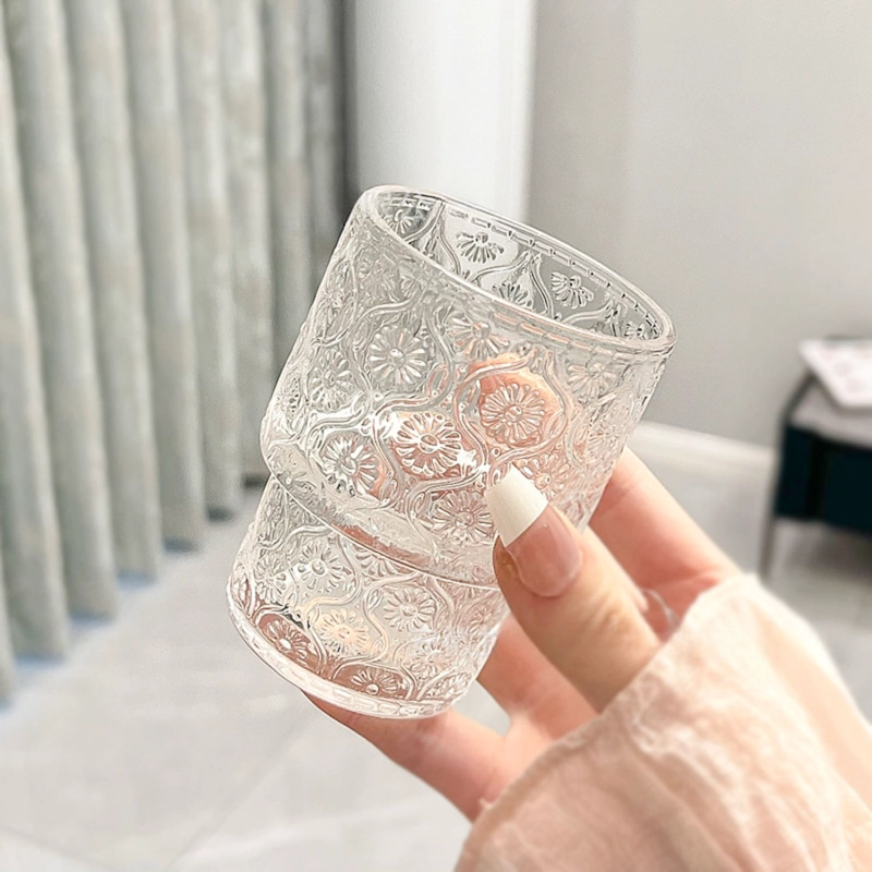 SET DE 4 VASOS DE VIDRIO CON RELIEVE DE FLOR BEGONIA CAFE  DE 180 ML - 8