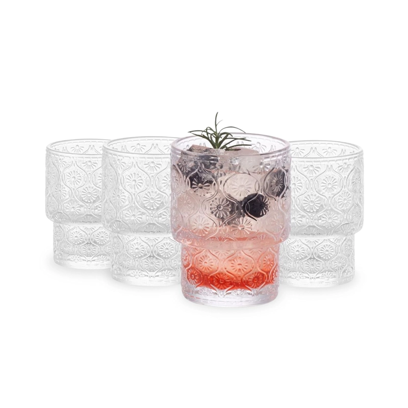 SET DE 4 VASOS DE VIDRIO CON RELIEVE DE FLOR BEGONIA CAFE  DE 180 ML - 9