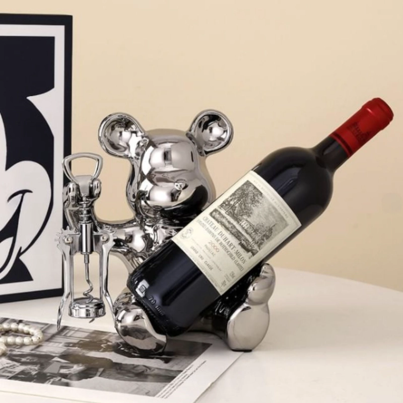 SACACORCHOS, DESTAPADOR Y SOPORTE PARA BOTELLAS FIGURA DE OSO PLATEADO