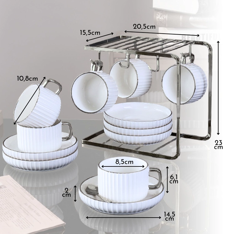 SET DE TAZAS Y PLATOS BLANCOS PARA TE  O CAFE  CON SOPORTE PLATEADO - 5