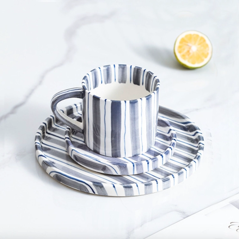 JUEGO DE VAJILLA DE PLATOS Y TAZAS A RAYAS ESTILO VINTAGE AZUL - 1