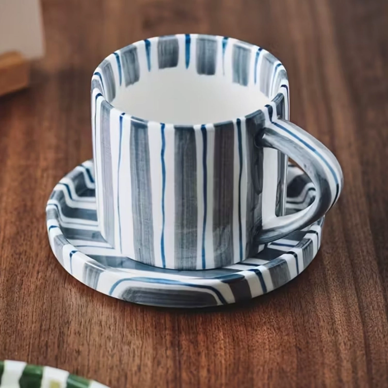 JUEGO DE VAJILLA DE PLATOS Y TAZAS A RAYAS ESTILO VINTAGE AZUL - 2