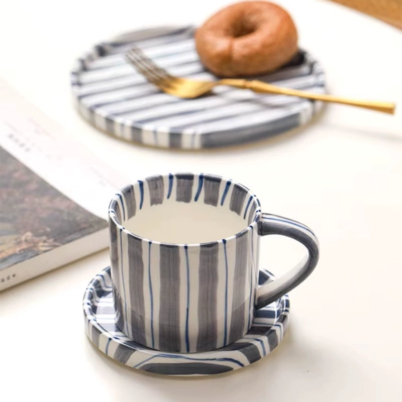 JUEGO DE VAJILLA DE PLATOS Y TAZAS A RAYAS ESTILO VINTAGE AZUL - 3