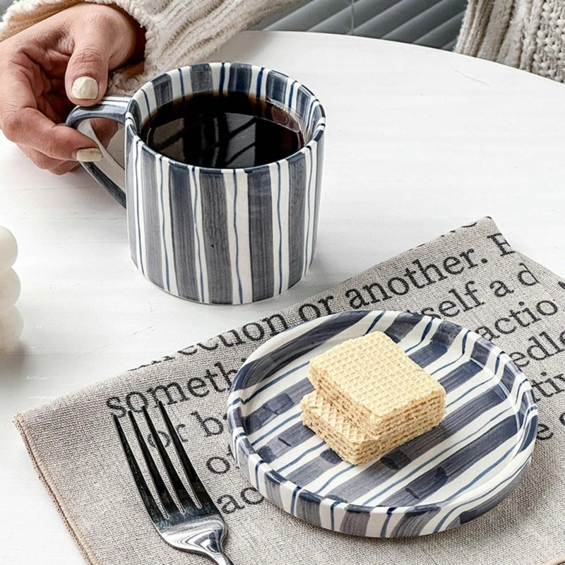 JUEGO DE VAJILLA DE PLATOS Y TAZAS A RAYAS ESTILO VINTAGE AZUL - 4
