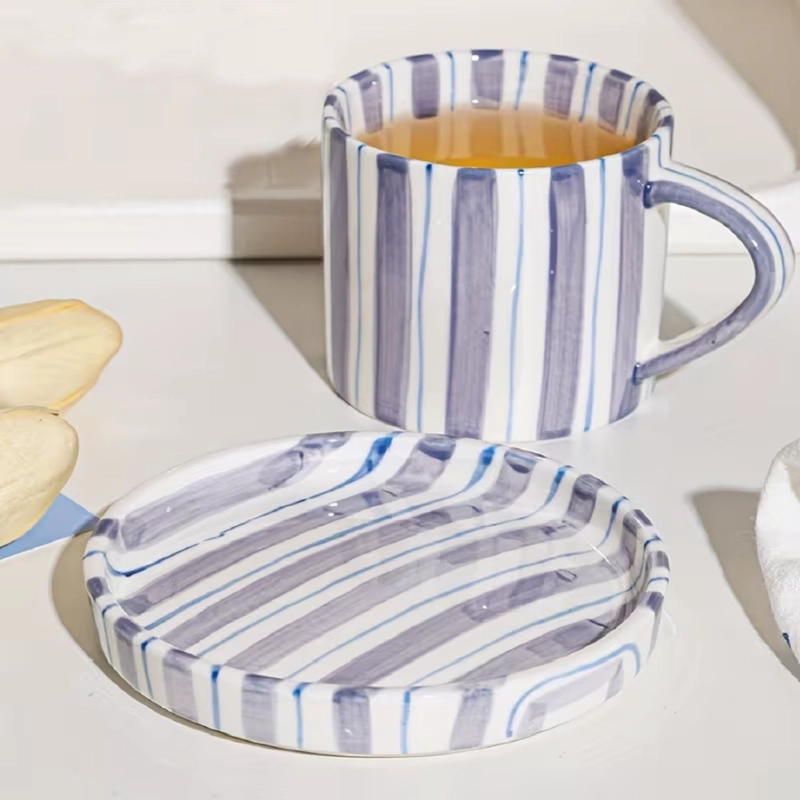 JUEGO DE VAJILLA DE PLATOS Y TAZAS A RAYAS ESTILO VINTAGE AZUL - 5