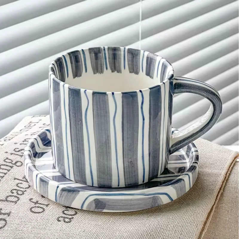 JUEGO DE VAJILLA DE PLATOS Y TAZAS A RAYAS ESTILO VINTAGE AZUL - 7