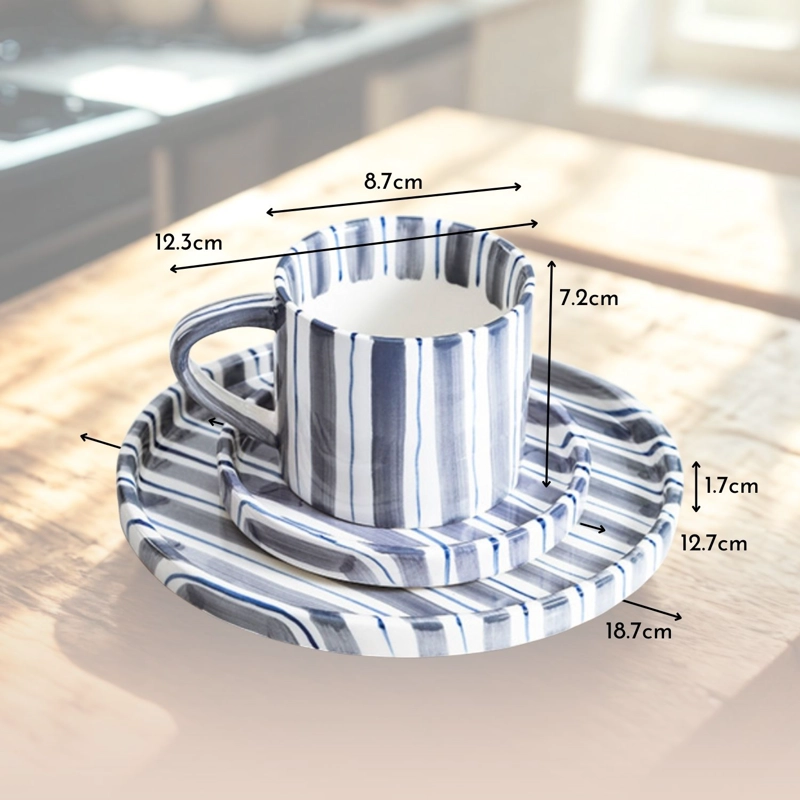 JUEGO DE VAJILLA DE PLATOS Y TAZAS A RAYAS ESTILO VINTAGE AZUL - 8