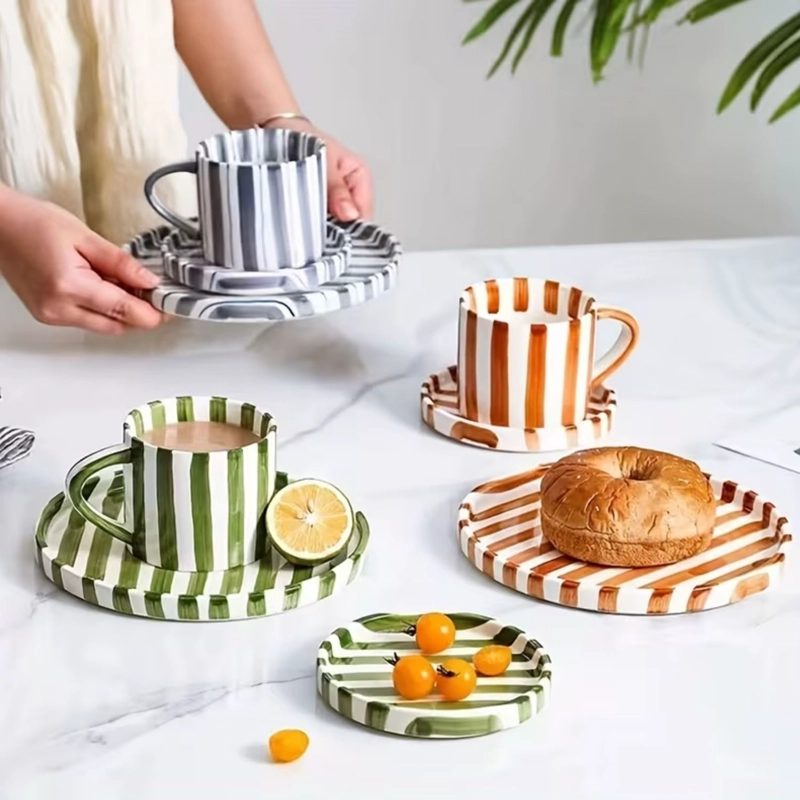 JUEGO DE VAJILLA DE PLATOS Y TAZAS A RAYAS ESTILO VINTAGE AZUL - 9