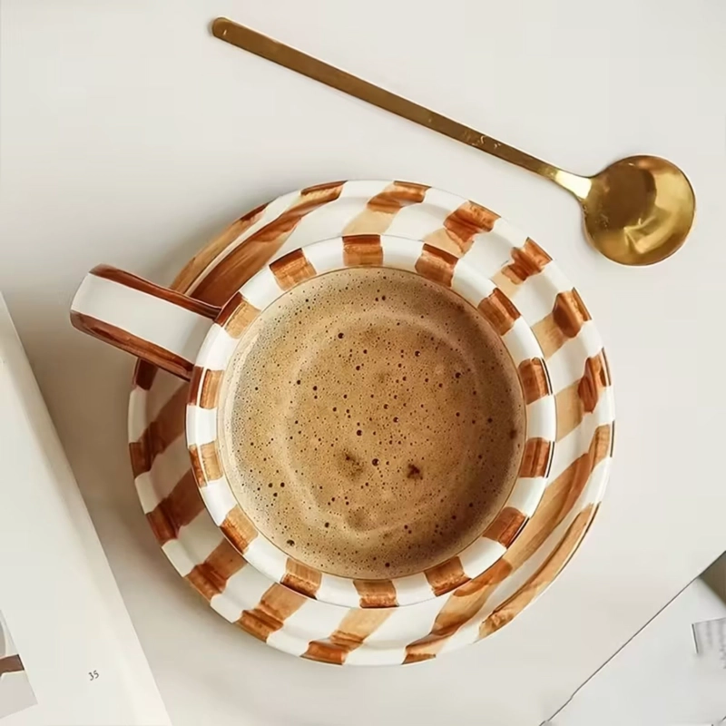 JUEGO DE VAJILLA DE PLATOS Y TAZAS A RAYAS ESTILO VINTAGE NARANJO - 2