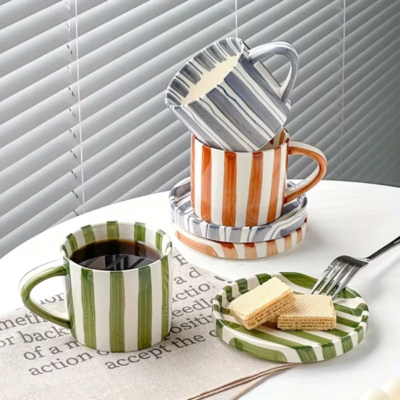 JUEGO DE VAJILLA DE PLATOS Y TAZAS A RAYAS ESTILO VINTAGE NARANJO - 3