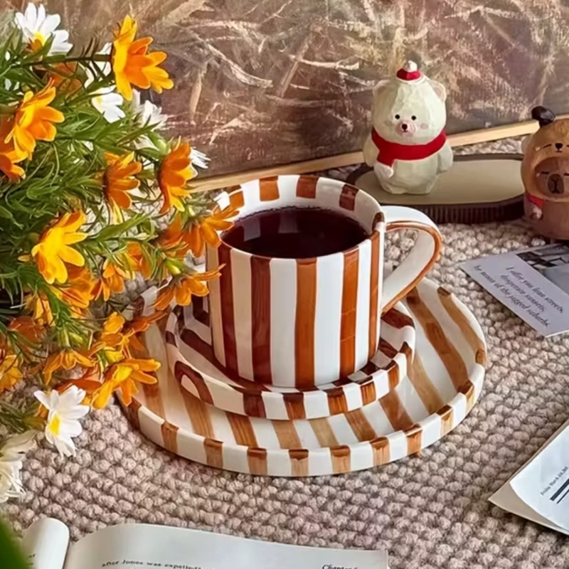 JUEGO DE VAJILLA DE PLATOS Y TAZAS A RAYAS ESTILO VINTAGE NARANJO - 5
