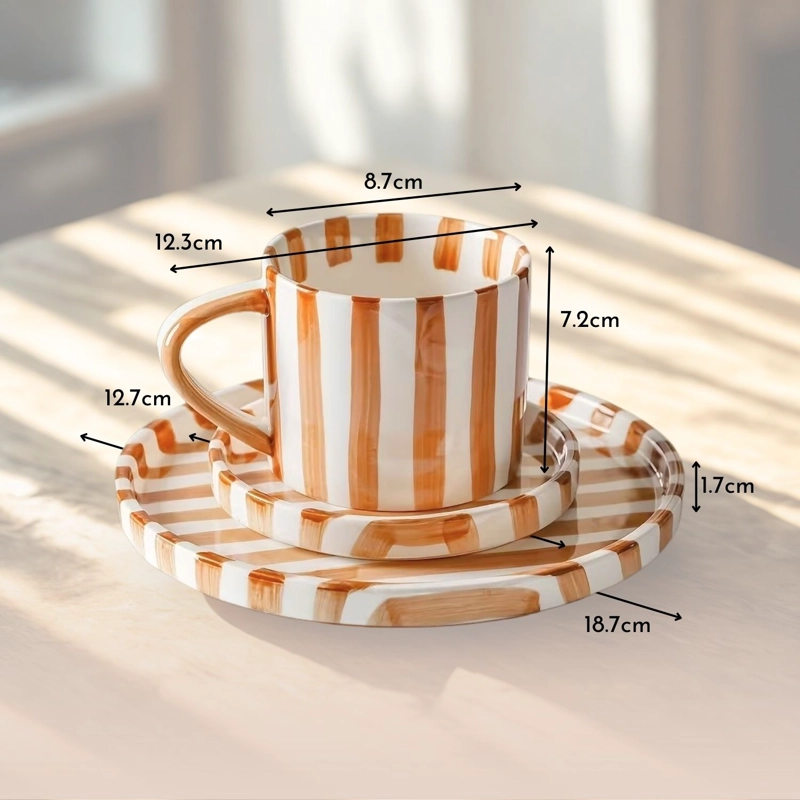 JUEGO DE VAJILLA DE PLATOS Y TAZAS A RAYAS ESTILO VINTAGE NARANJO - 9