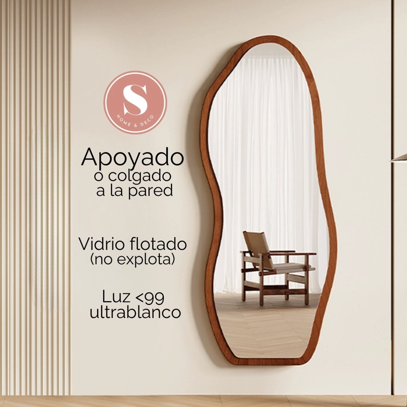 ESPEJO DECORATIVO IRREGULAR DE CUERPO ENTERO DE MADERA COLOR NOGAL 170X70 CM - 3