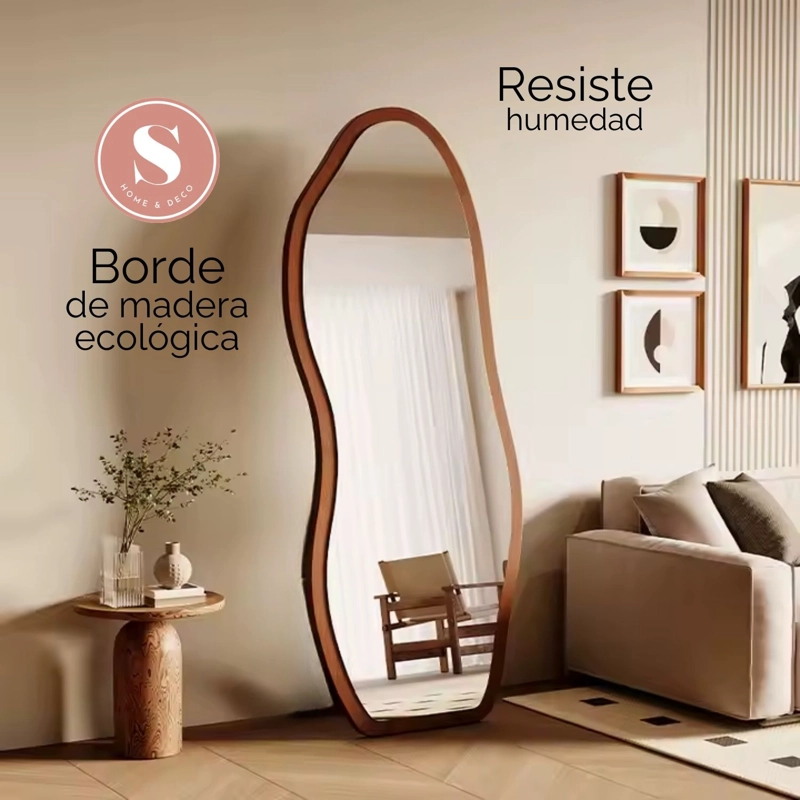 ESPEJO DECORATIVO IRREGULAR DE CUERPO ENTERO DE MADERA COLOR NOGAL 170X70 CM - 5