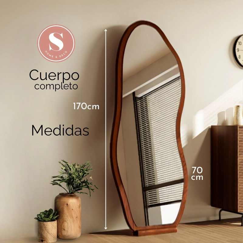 ESPEJO DECORATIVO IRREGULAR DE CUERPO ENTERO DE MADERA COLOR NOGAL 170X70 CM - 6