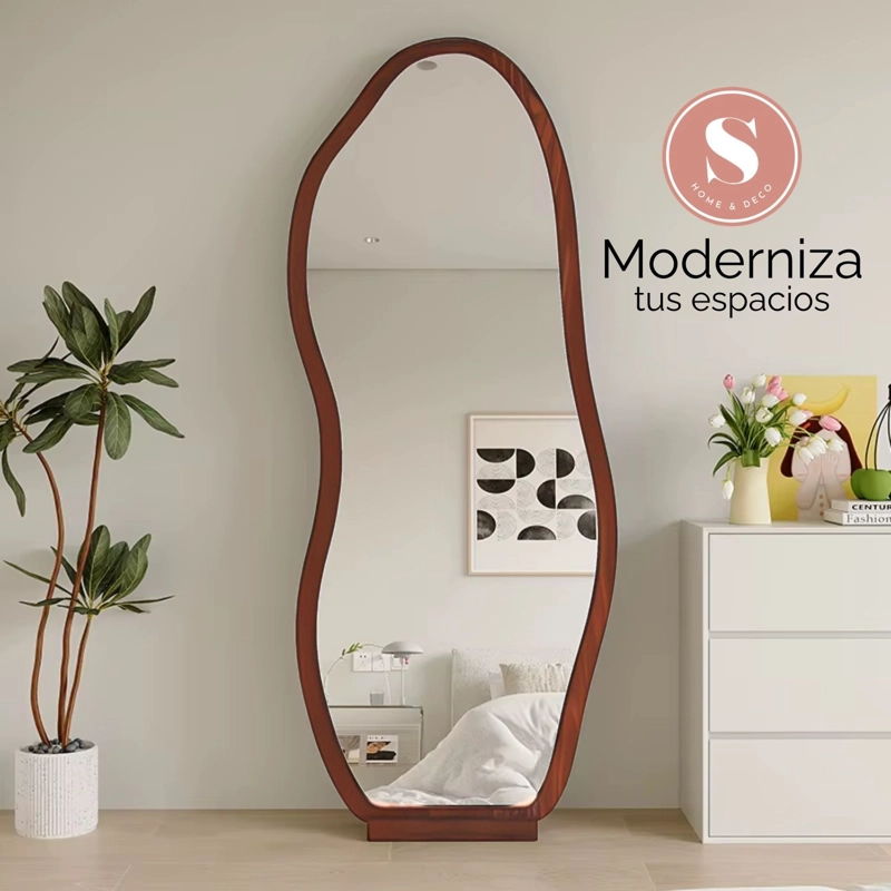 ESPEJO DECORATIVO IRREGULAR DE CUERPO ENTERO DE MADERA COLOR NOGAL 170X70 CM - 7