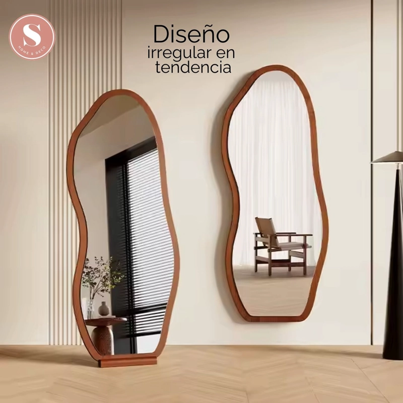 ESPEJO DECORATIVO IRREGULAR DE CUERPO ENTERO DE MADERA COLOR NOGAL 170X70 CM - 8