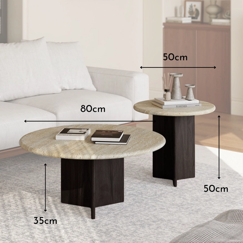 MESA DE CENTRO DOBLE TRAVERTINO TONO WENGUE ESTILO NORDICO JAPANDI ELEGANTE - 2