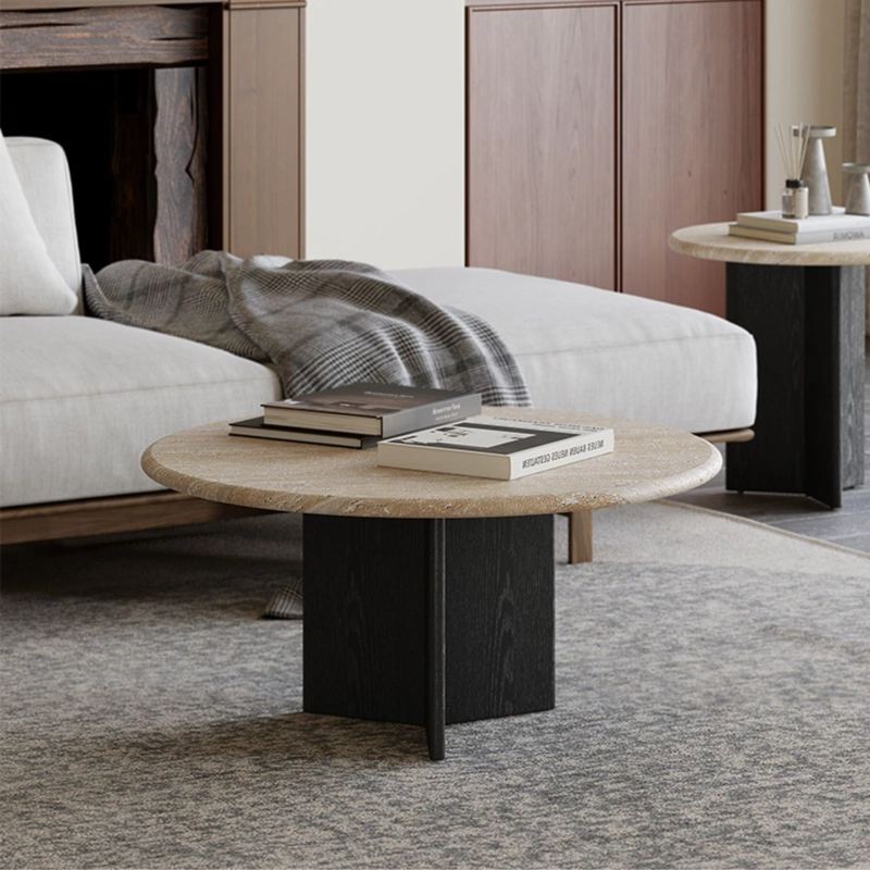 MESA DE CENTRO DOBLE TRAVERTINO TONO WENGUE ESTILO NORDICO JAPANDI ELEGANTE - 3