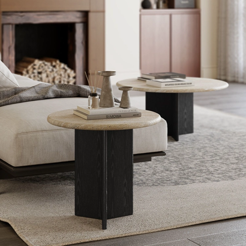 MESA DE CENTRO DOBLE TRAVERTINO TONO WENGUE ESTILO NORDICO JAPANDI ELEGANTE - 4