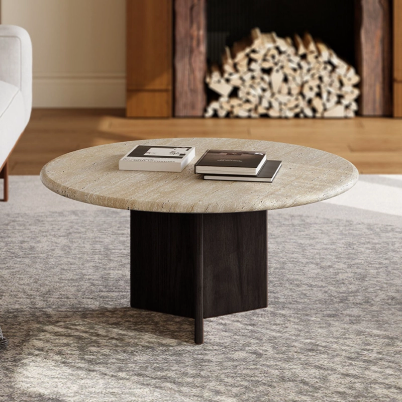 MESA DE CENTRO DOBLE TRAVERTINO TONO WENGUE ESTILO NORDICO JAPANDI ELEGANTE - 5