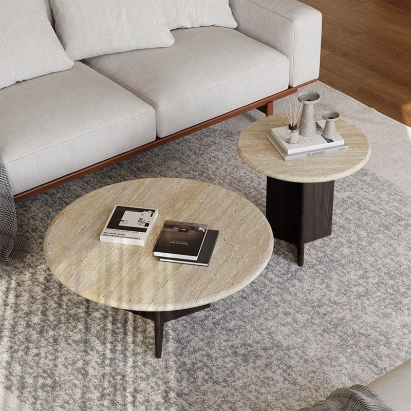 MESA DE CENTRO DOBLE TRAVERTINO TONO WENGUE ESTILO NORDICO JAPANDI ELEGANTE - 6